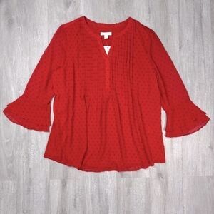 Women's L NWT Red Pleated 3/4 Layered Bell Sleeve Top New Petite